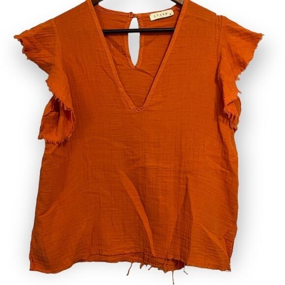 Women's Stark X Orange Flutter Sleeve Top with Raw Hems - Picture 1 of 9